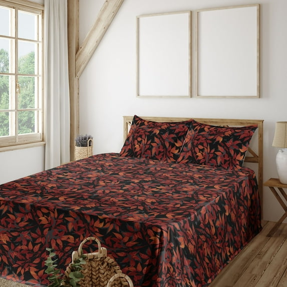 Ambesonne Autumnal Leaves Fitted & Flat Sheet with Sham 3 Pcs Set, Neutral Boho Leafy, Twin XL, Burgundy Ruby