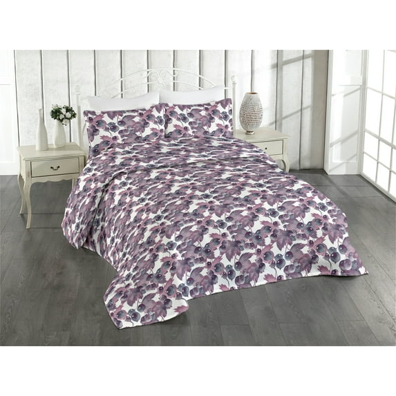 Ambesonne Autumnal Pattern Quilted Bedspread Set 3 Pcs, Vintage Berry Art, Twin, Dried Rose Plum White