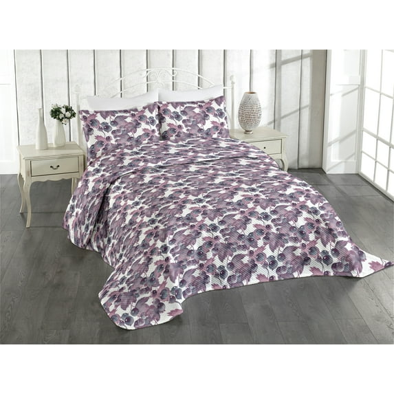 Ambesonne Autumnal Pattern Quilted Coverlet 2 Pcs, Vintage Berry Art, Twin Size, Dried Rose Plum White
