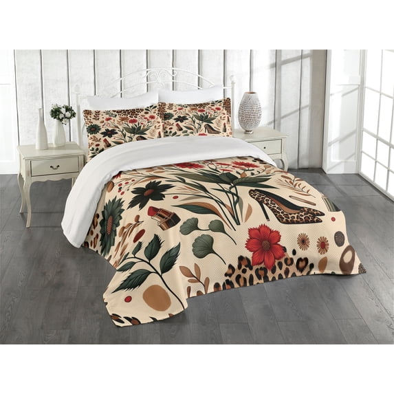 Ambesonne Autumnal Quilted Coverlet 3 Pcs, Cozy Fall Feminine Art, Queen Size, Champagne Ginger