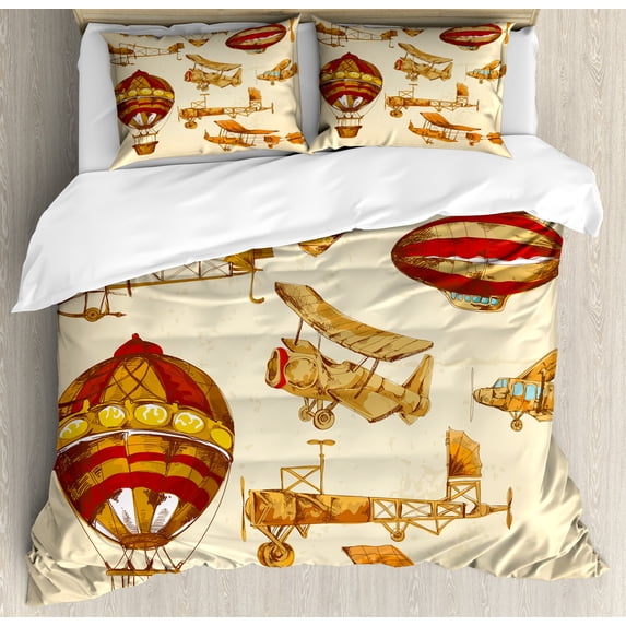 Ambesonne Aviation Duvet Cover Set, Vintage Baloons Planes, Calking, Sand Brown Mustard