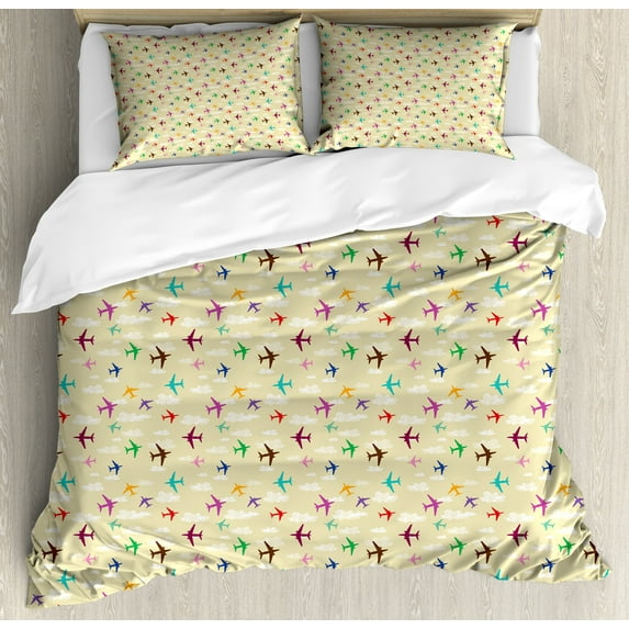 Ambesonne Aviation Duvet Cover Sets, Romantic Cloud Airplanes, 2-Queen, Beige Multicolor