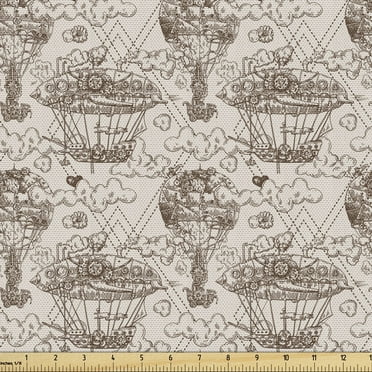Ambesonne Aviation Fabric by the Yard Upholstery, Aircraft Zeppelin Ship, 1 Yard, Pale Eggshell and Umber