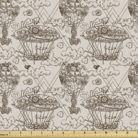 Ambesonne Aviation Fabric by the Yard Upholstery, Aircraft Zeppelin Ship, 10 Yards, Pale Eggshell and Umber