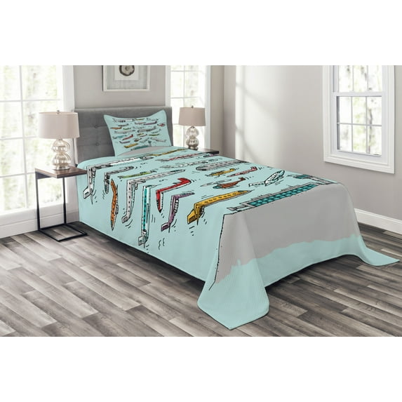 Ambesonne Aviation Quilted Bedspread Set 2 Pcs, Airplanes Helicopters, Twin Size, Multicolor