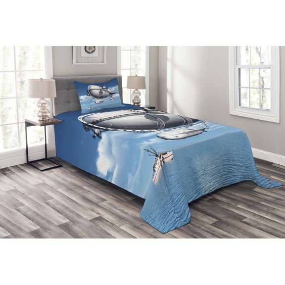 Ambesonne Aviation Quilted Bedspread Set 2 Pcs, Sea Flying Cloudy Sky, Twin Size, Violet Blue Grey