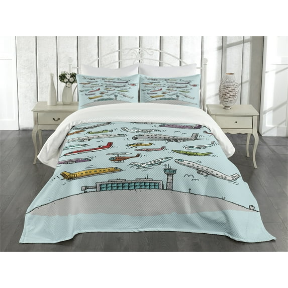 Ambesonne Aviation Quilted Bedspread Set 3 Pcs, Airplanes Helicopters, King Size, Multicolor