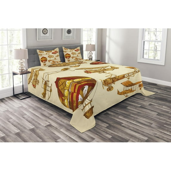 Ambesonne Aviation Quilted Bedspread Set 3 Pcs, Vintage Baloons Planes, Queen Size, Sand Brown Mustard