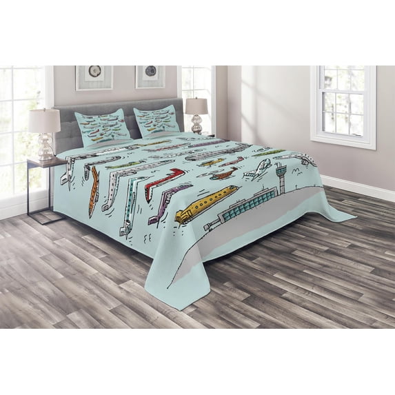 Ambesonne Aviation Quilted Coverlet 3 Pcs, Airplanes Helicopters, King Size, Multicolor