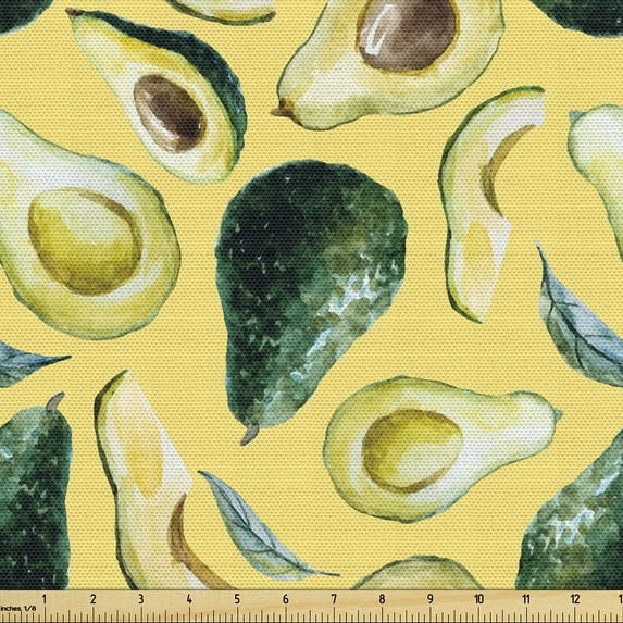 Ambesonne Avocado Fabric by the Yard Upholstery, Aquarelle Fruits Summer Art, 5 Yards, Pastel Yellow Emerald