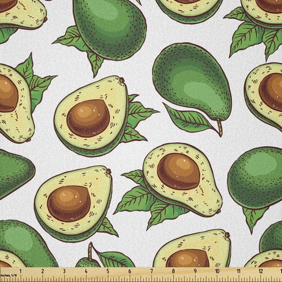 Ambesonne Avocado Fabric by the Yard Microfiber, Half Whole Tropical Fruits, 10 Yards, Fern Green Pale Vermilion