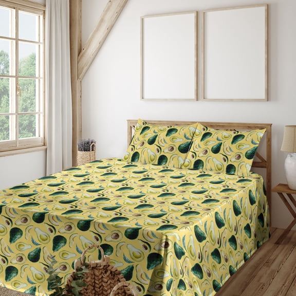Ambesonne Avocado Fitted & Flat Sheet with Sham 3 Pcs Set, Aquarelle Fruits Summer Art, Twin, Pastel Yellow Emerald