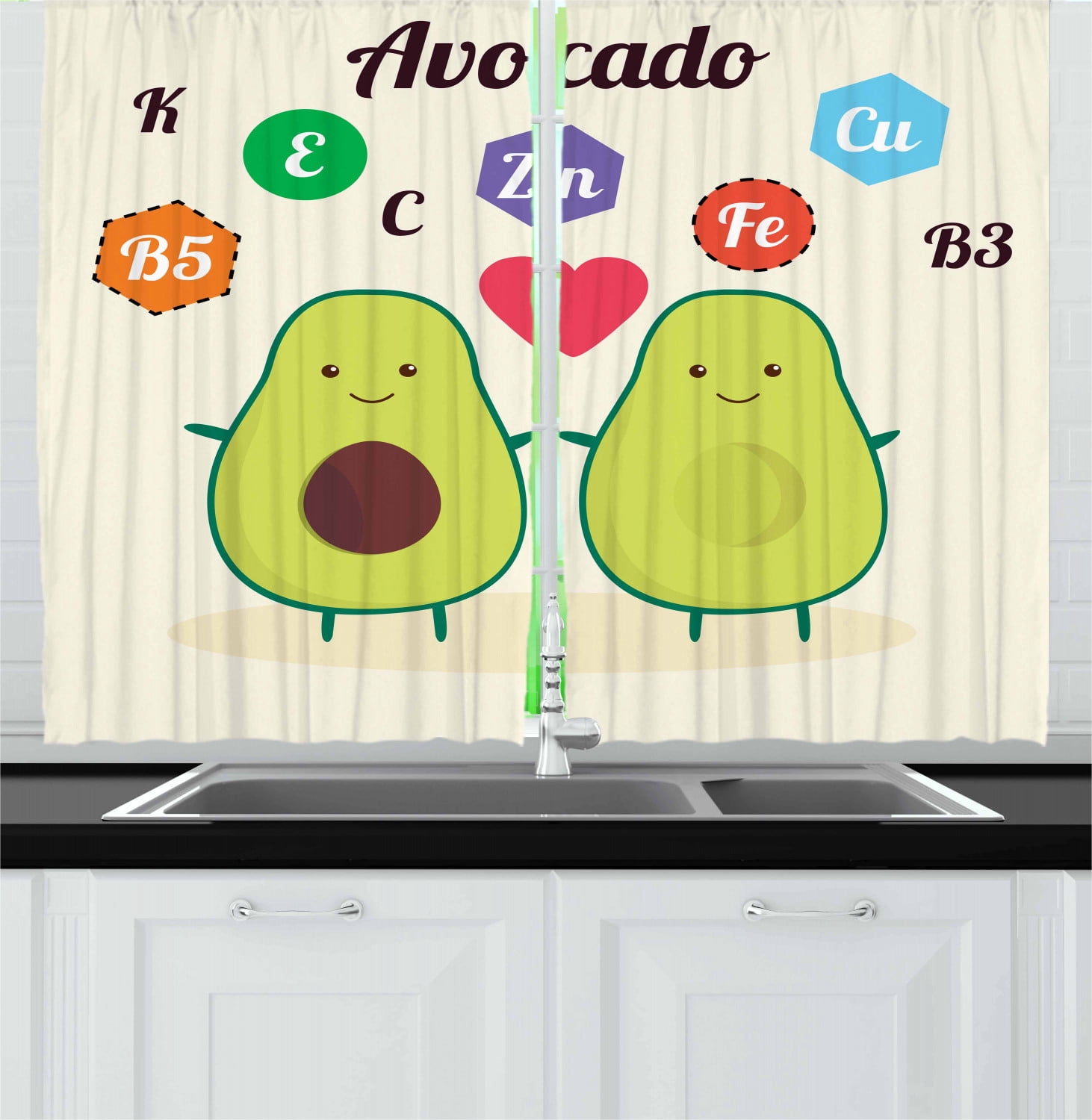 Ambesonne Avocado Kitchen Curtains, Cartoon Hold Hands Halves, 55