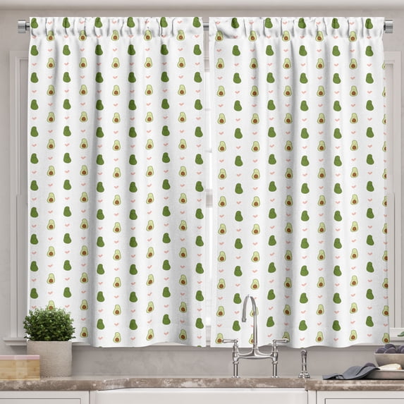 Ambesonne Avocado Kitchen Curtains, Happy Aguacate Drawing Art, 55"x39", Olive Green Blush Brown