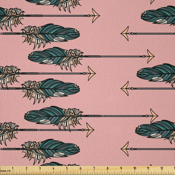 Ambesonne Aztec Boho Fabric by the Yard Microfiber, Arrows with the Feathers, 1 Yard, Blush and Dark Reseda Green