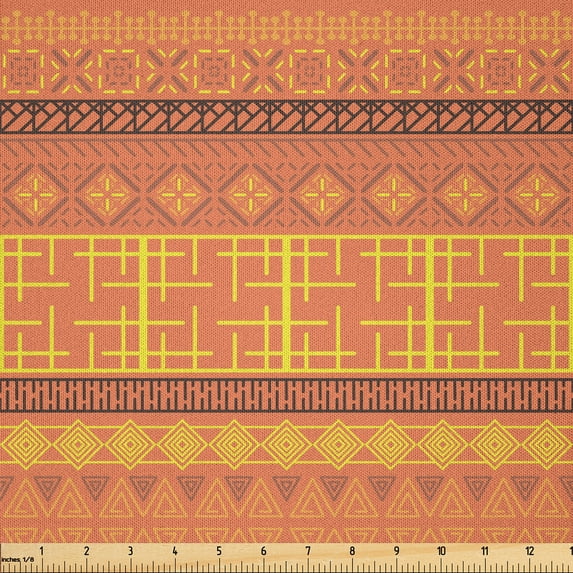Ambesonne Aztec Boho Fabric by the Yard Microfiber, Folkloric Ornamentation, 5 Yards, Burnt Sienna Yellow Brown