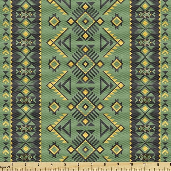 Ambesonne Aztec Boho Fabric by the Yard Upholstery, Geometric Native Pattern, 1 Yard, Reseda Green and Dark Grey