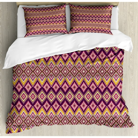 Ambesonne Aztec Duvet Cover Set, Native Pattern Rhombus Like, Calking, Plum Coral
