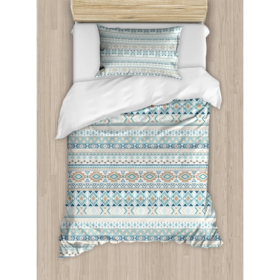 Ambesonne Aztec Duvet Cover Set, Pastel Tone Geometric Mexican, Twin, Tan Slate Blue