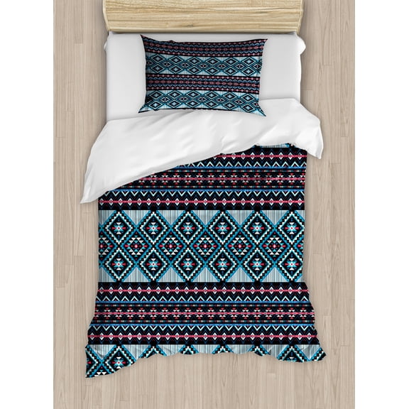 Ambesonne Aztec Duvet Cover Sets, Geometric Triangles Ornate, 2-Twin, Sea Blue Multicolor