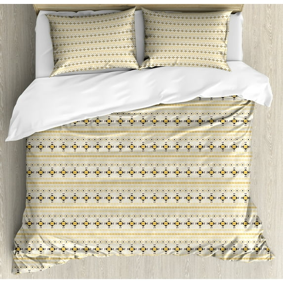 Ambesonne Aztec Duvet Cover Sets, Horizontal Oriental Shapes, 2-King, Beige Mustard