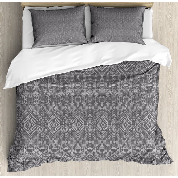 Ambesonne Aztec Duvet Cover Sets, Symmetric Greyscale Motifs, 2-Queen, Pale Grey and Dimgray