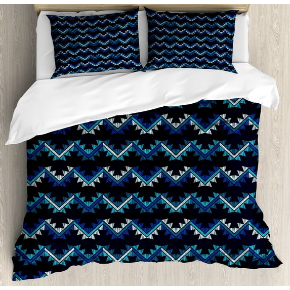 Ambesonne Aztec Duvet Cover Sets, Zigzags Oriental Vibes Art, 2-King, Blue Dark Night Blue