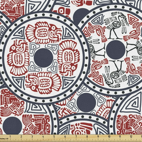 Ambesonne Aztec Fabric by the Yard Upholstery, Animal Motifs Circles, 1 Yard, Vermilion Dark Blue