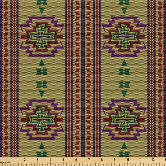 Ambesonne Aztec Fabric by the Yard Upholstery, Ethnic Colorful Geometric Art, 3 Yards, Dark Khaki Multicolor