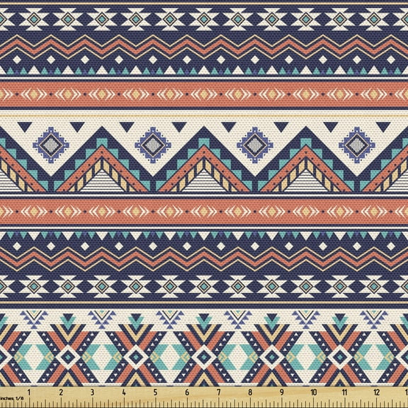 Ambesonne Aztec Fabric by the Yard Upholstery, Oriental Zigzags and Lines, 10 Yards, Salmon Night Blue Tan