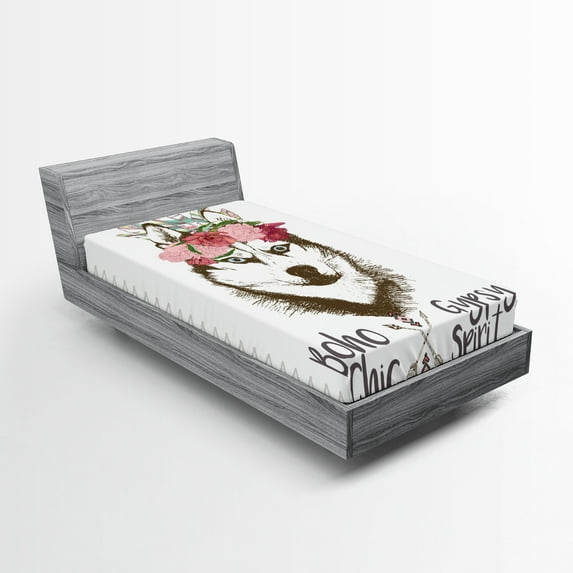 Ambesonne Aztec Fitted Sheet, Flowers Feathers Husky, Twin XL Size, Multicolor