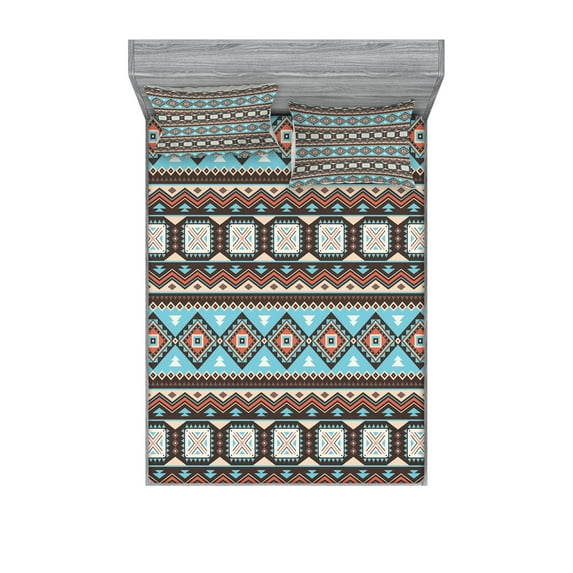 Ambesonne Aztec Fitted Sheet & Pillow Sham Set, Scandinavian Vintage Motifs, Full, Multicolor