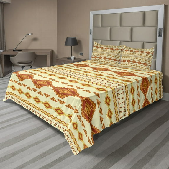 Ambesonne Aztec Fitted & Top Sheet Set with Shams, Mexican Boho, Yellow Orange