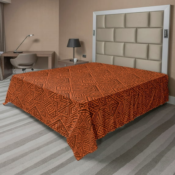 Ambesonne Aztec Flat Sheet, Exotic Culture, King Size, Orange Dark Orange