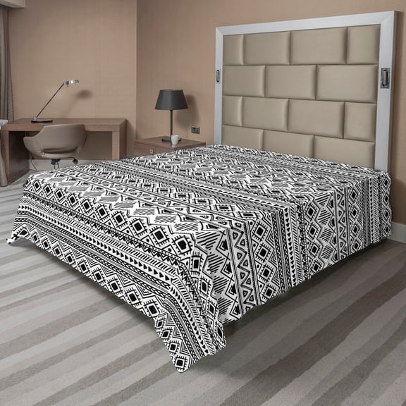 Ambesonne Aztec Flat Sheet, Monochrome Rhombuses, California King, Black and White