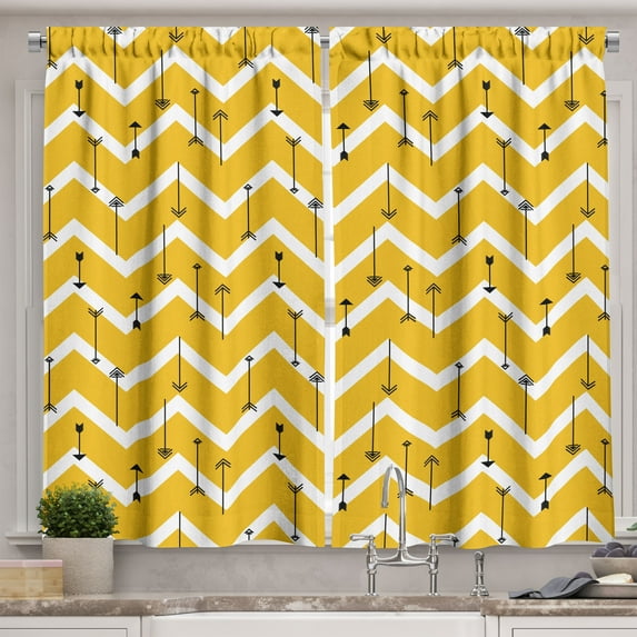 Ambesonne Aztec Kitchen Curtains, Arrows on Zig Zag Chevron, 55"x45", Earth Yellow White Black