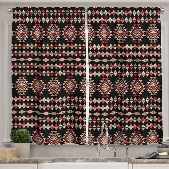 Ambesonne Aztec Kitchen Curtains, Folk Art Triangles Patchwork, 55"x45", Almond Dark Pink