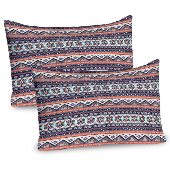 Ambesonne Aztec Pillow Sham 2 Pack, Oriental Zigzags and Lines, 30"x20", Salmon Night Blue Tan