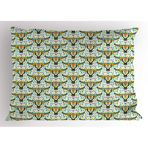 Ambesonne Aztec Pillow Sham, Stay Wild Texas Cow Skull, 26" X 20", Multicolor