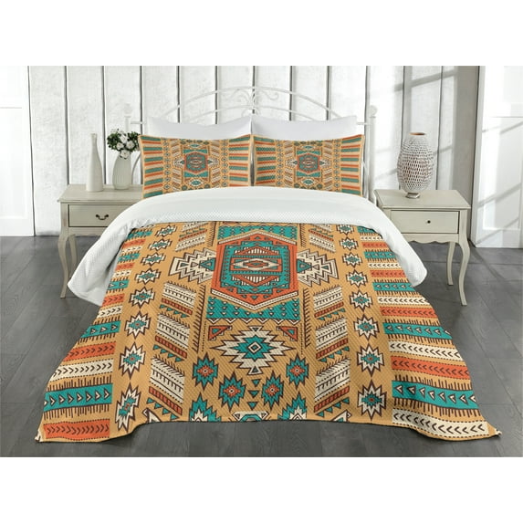Ambesonne Aztec Quilted Bedspread Set 3 Pcs, Tribal Bohemian Illustration, Queen Size, Apricot Orange and Teal