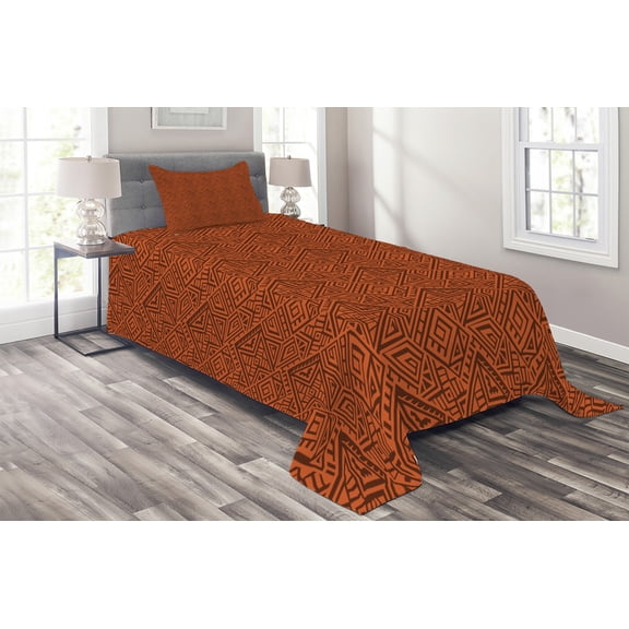 Ambesonne Aztec Quilted Coverlet 2 Pcs, Exotic Culture, Twin Size, Orange Dark Orange