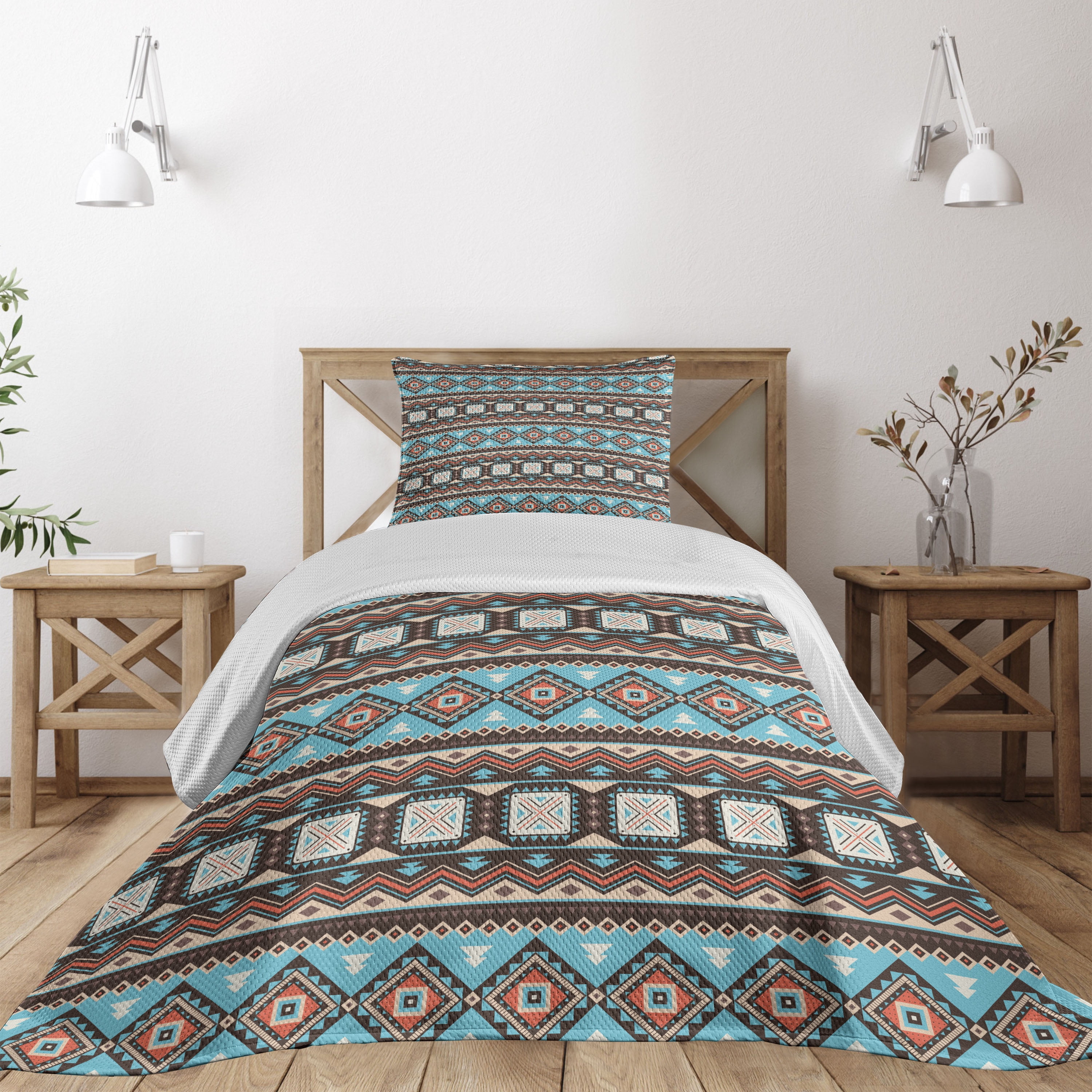 Twin White Quilted Bedspread Set with Aztec Pattern