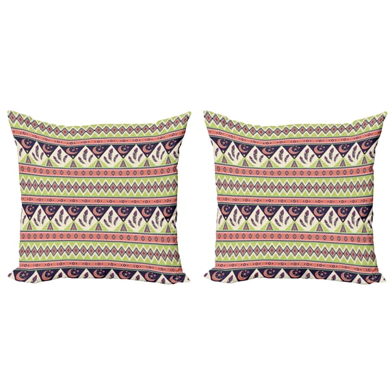 Ambesonne Aztec Throw Pillow Cover 2 Pack, Crescent Stars and Feathers, 18", Multicolor