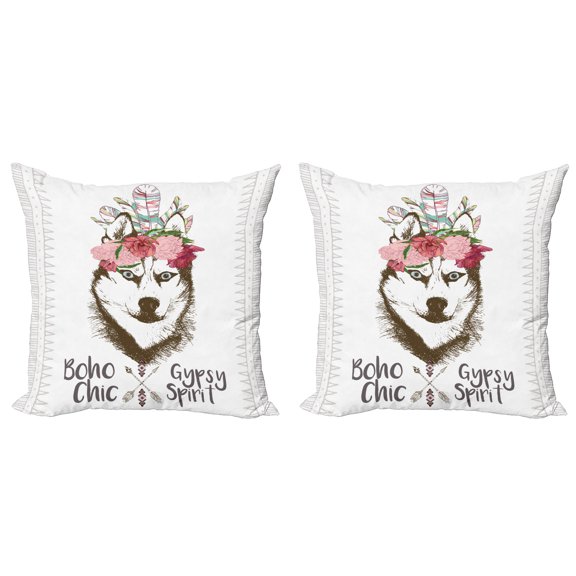 Ambesonne Aztec Throw Pillow Cover 2 Pack, Flowers Feathers Husky, 16", Multicolor
