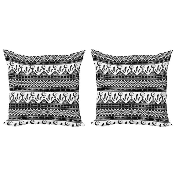 Ambesonne Aztec Throw Pillow Cover 2 Pack, Trippy Moon Feather Pattern, 18", Black and White