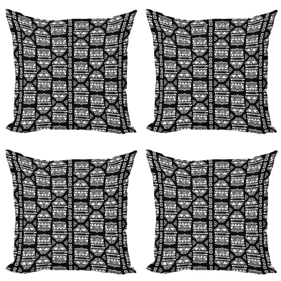 Ambesonne Aztec Throw Pillow Cover 4 Pack, Doodled Zigzags Triangles, 16", Charcoal Grey and White