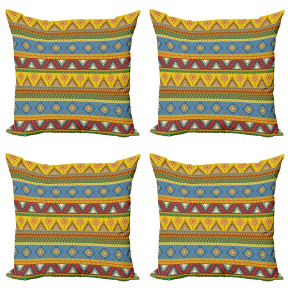Ambesonne Aztec Throw Pillow Cover 4 Pack, Folk Motif Mexican Sun, 18", Multicolor