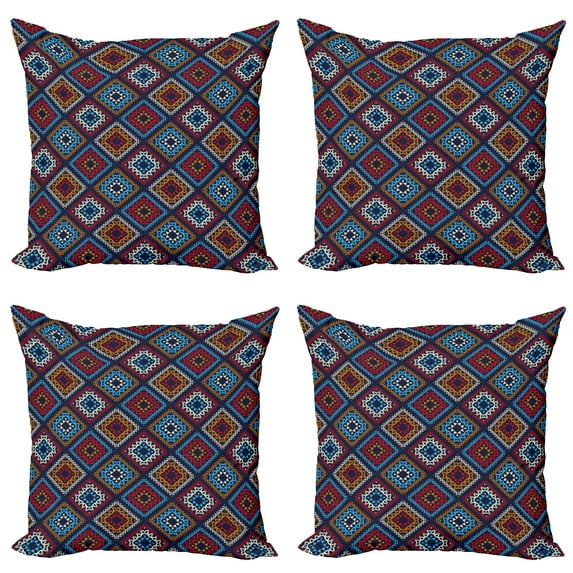 Ambesonne Aztec Throw Pillow Cover 4 Pack, Folk Motifs in Vivid Colors, 18", Night Blue Multicolor