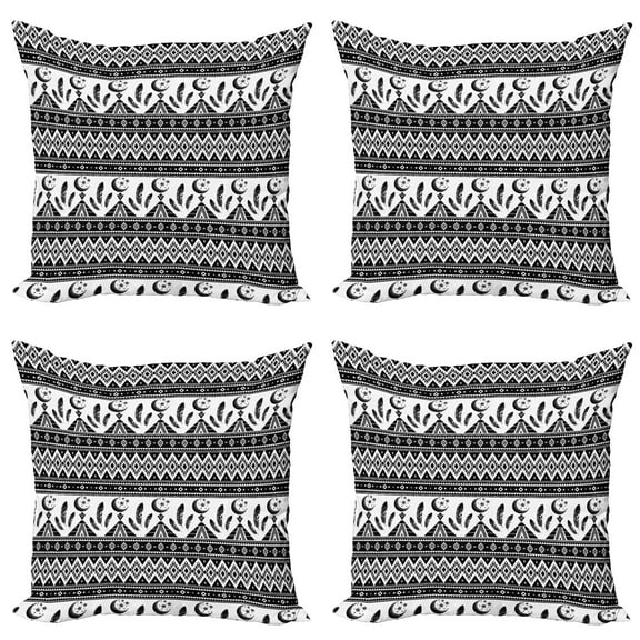 Ambesonne Aztec Throw Pillow Cover 4 Pack, Trippy Moon Feather Pattern, 24", Black and White