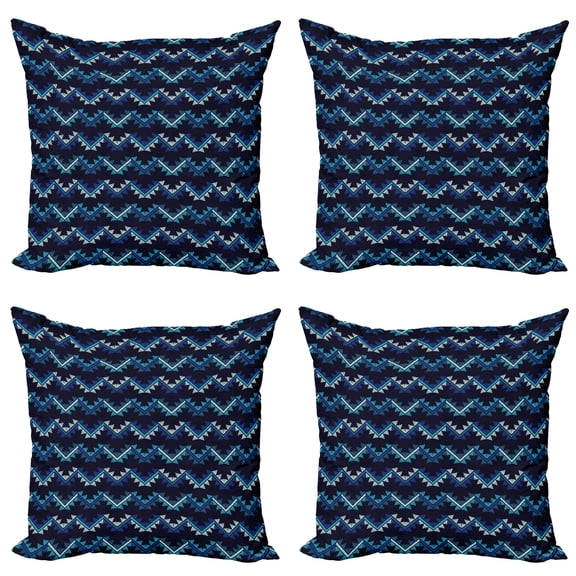 Ambesonne Aztec Throw Pillow Cover 4 Pack, Zigzags Oriental Vibes Art, 24", Blue Dark Night Blue